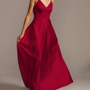 Long red satin dress with chiffon halter straps over sweetheart neckline.